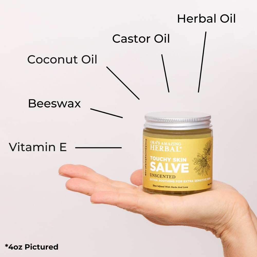 Ora's Amazing Herbal Touchy Skin Salve jar-closeup showing calendula herbs for gentle relief.