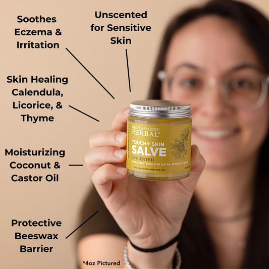 Jar of Touchy Skin Salve for dry winter skin relief on hands