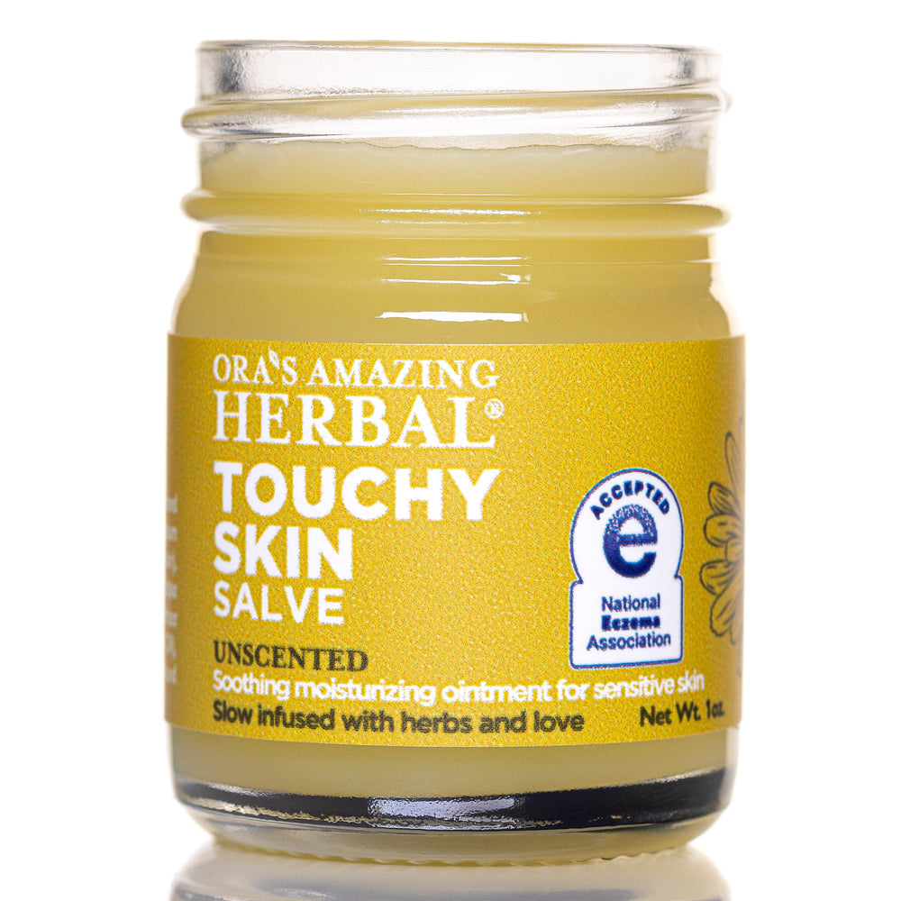 Ora's Amazing Herbal Touchy Skin Salve jar for sensitive skin relief.