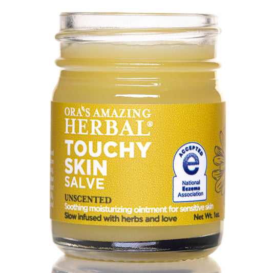 Ora's Amazing Herbal Touchy Skin Salve jar for sensitive skin relief.