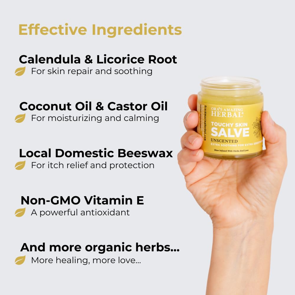 Ingredient close-up with calendula, thyme, comfrey, castor oil for soothing care