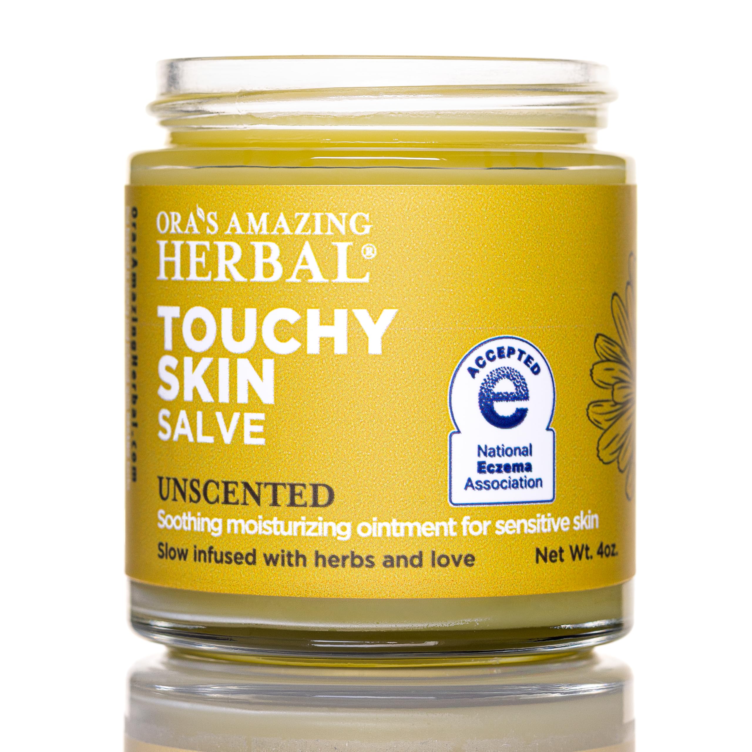 Ora's Amazing Herbal Touchy Skin Salve packaging front highlights fragrance-free skin care