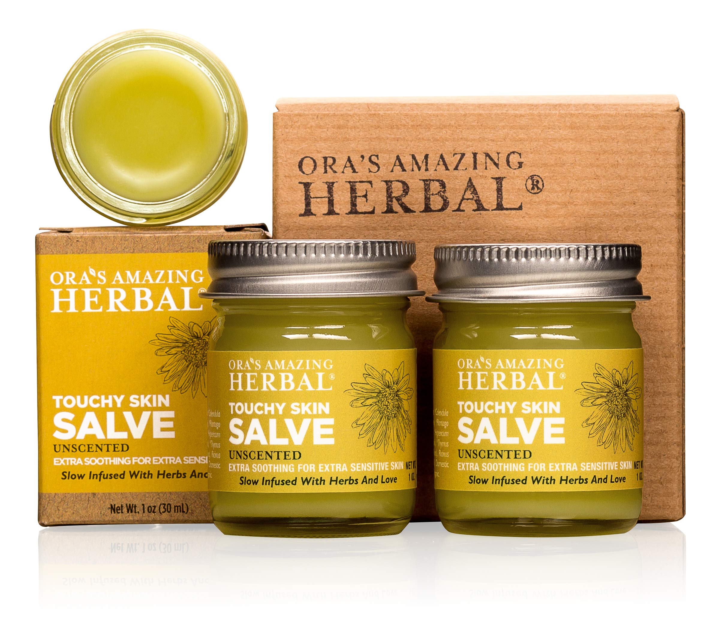 Ora's Amazing Herbal Touchy Skin Salve unscented bottle for sensitive skin care.