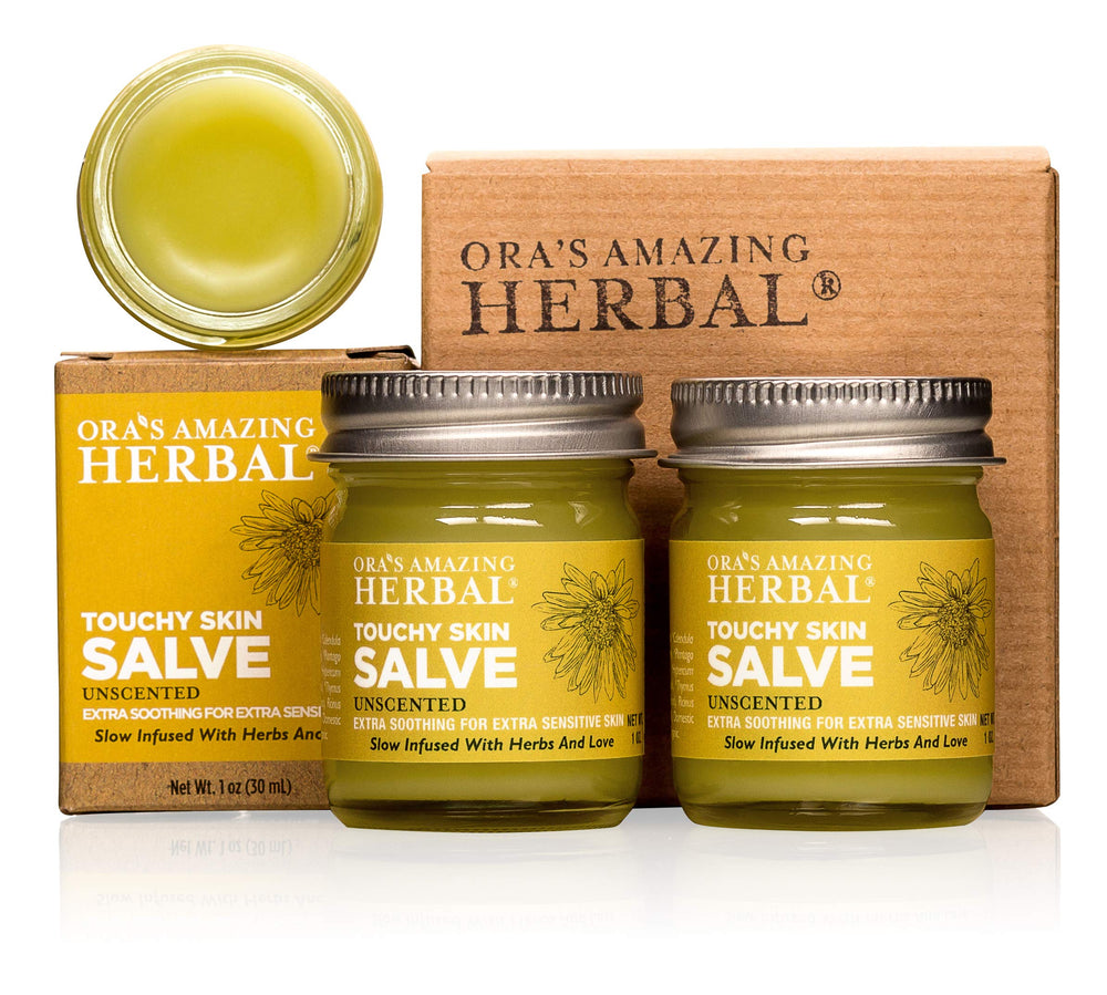 Ora's Amazing Herbal Touchy Skin Salve unscented bottle for sensitive skin care.