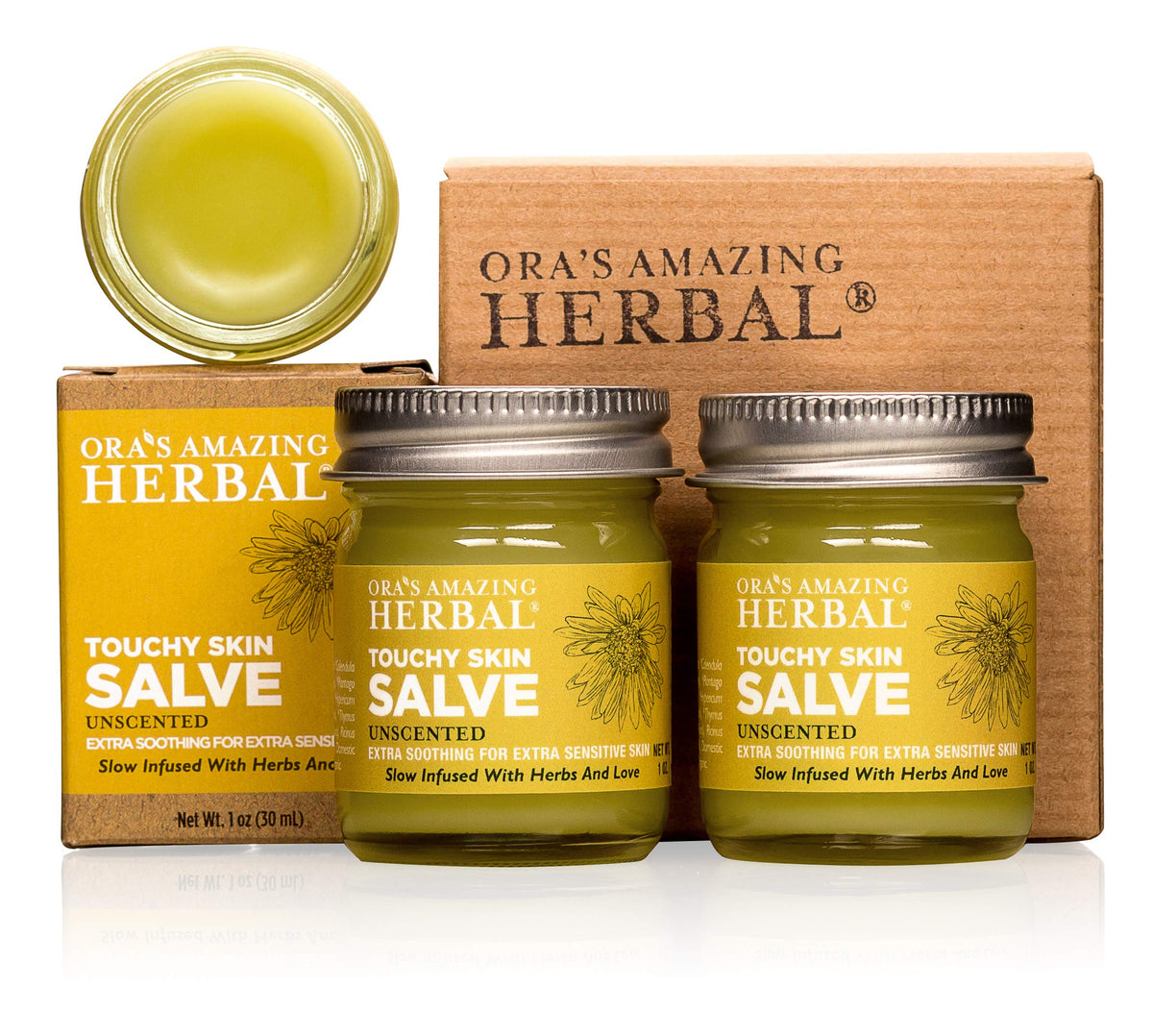 Ora's Amazing Herbal Touchy Skin Salve unscented bottle for sensitive skin care.
