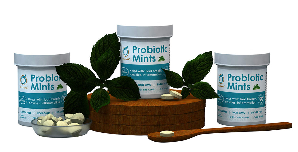 Close-up of Orasana Probiotic Mints showing natural texture and mint flavor