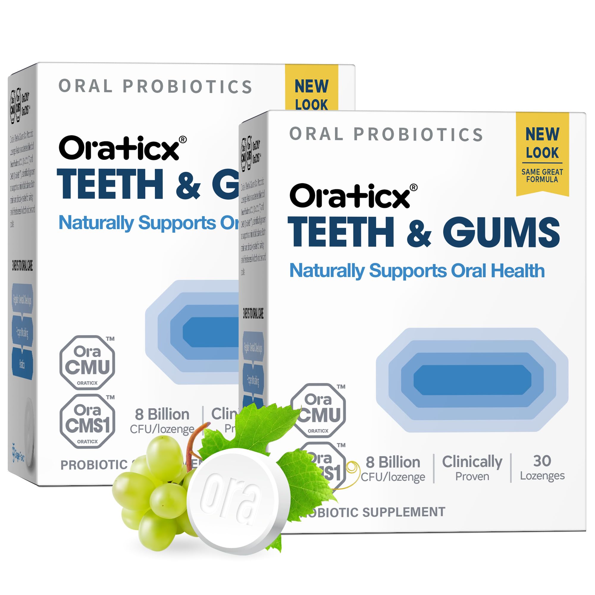 OraTicx teeth and gums probiotic grape lozenges two-pack front view for fresh breath.
