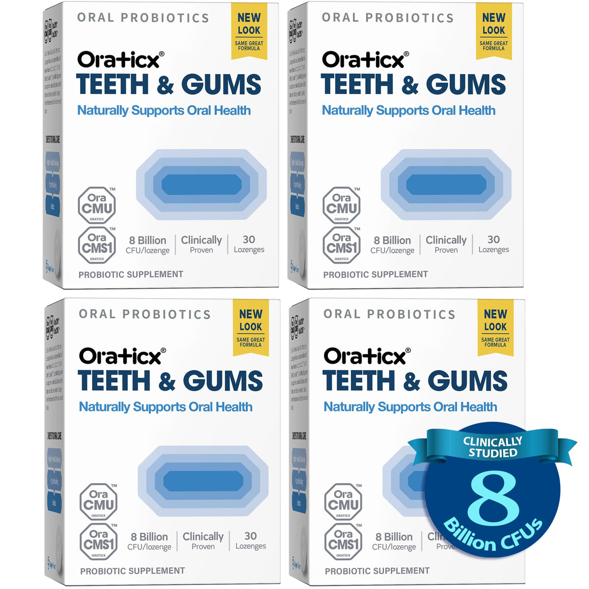 OraTicx packaging shows daily probiotic routine for balanced oral health.