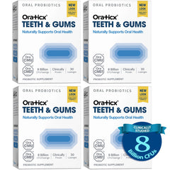 OraTicx packaging shows daily probiotic routine for balanced oral health.