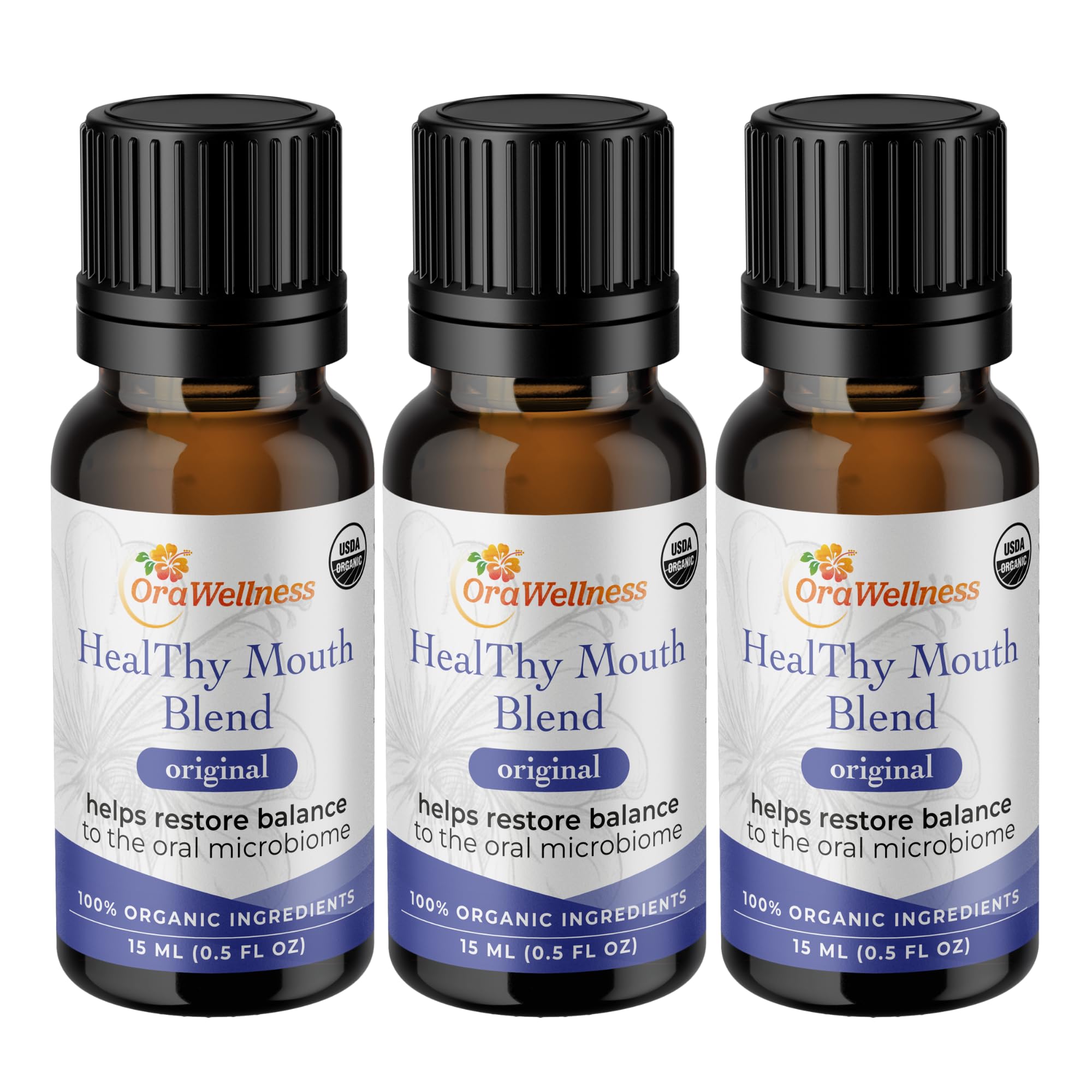 OraWellness Healthy Mouth Blend bottle pour for easy oil pulling and fresh breath.