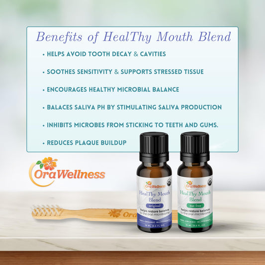 OraWellness Nut Free Healthy Mouth Blend bottle front with organic ingredients.