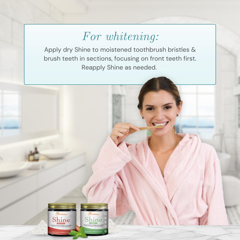 OraWellness Shine tooth powder ingredients closeup highlighting hydroxyapatite and minerals