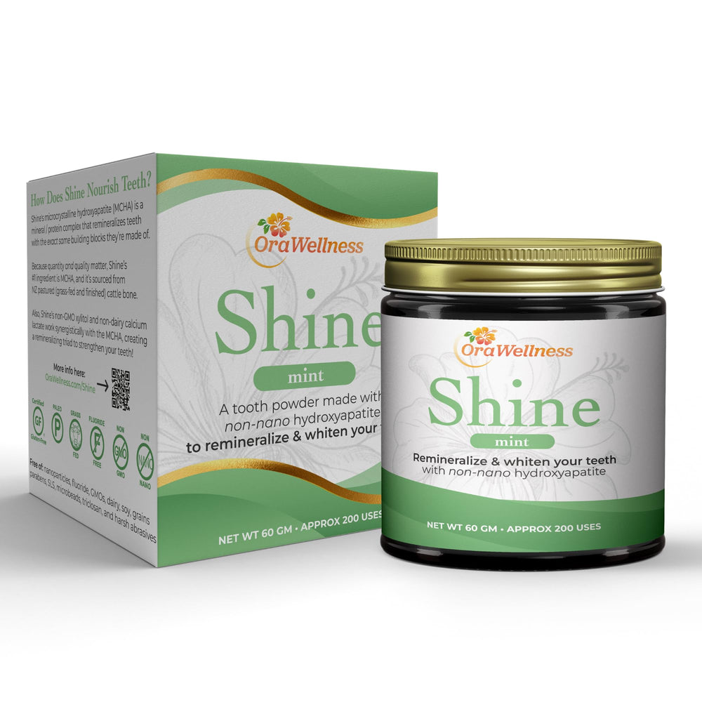 OraWellness Shine tooth powder tin front highlighting remineralization potential