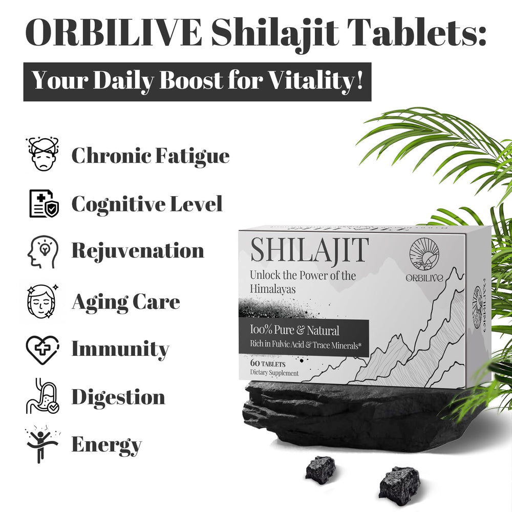 ORBILIVE Shilajit tablets label, potency 1000 mg.