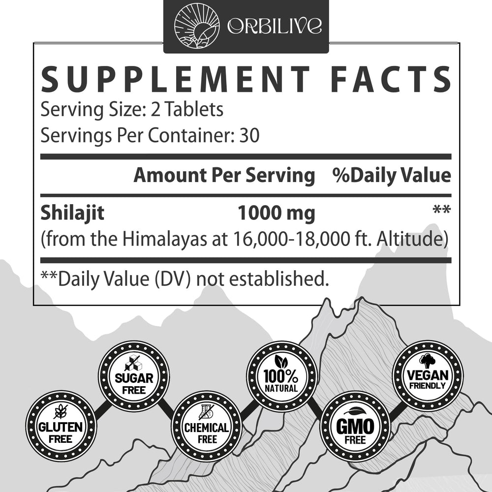 ORBILIVE Shilajit tablets close-up, emphasizing high mineral content.