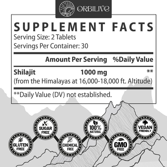 ORBILIVE Shilajit tablets close-up, emphasizing high mineral content.