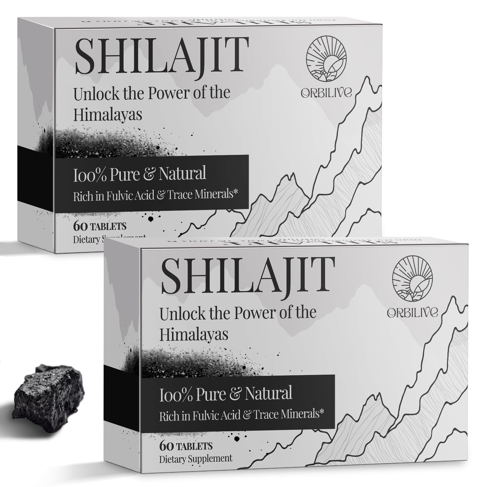 ORBILIVE Shilajit tablets from the Himalayas, highlighting origin and fulvic acid energy support.