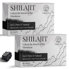 ORBILIVE Shilajit tablets from the Himalayas, highlighting origin and fulvic acid energy support.