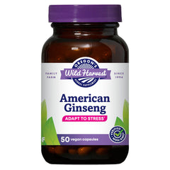 Oregon's Wild Harvest American Ginseng bottle emphasizes non-GMO capsules for daily stamina.