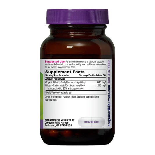 Oregon's Wild Harvest bilberry capsules closeup showing vegan capsules