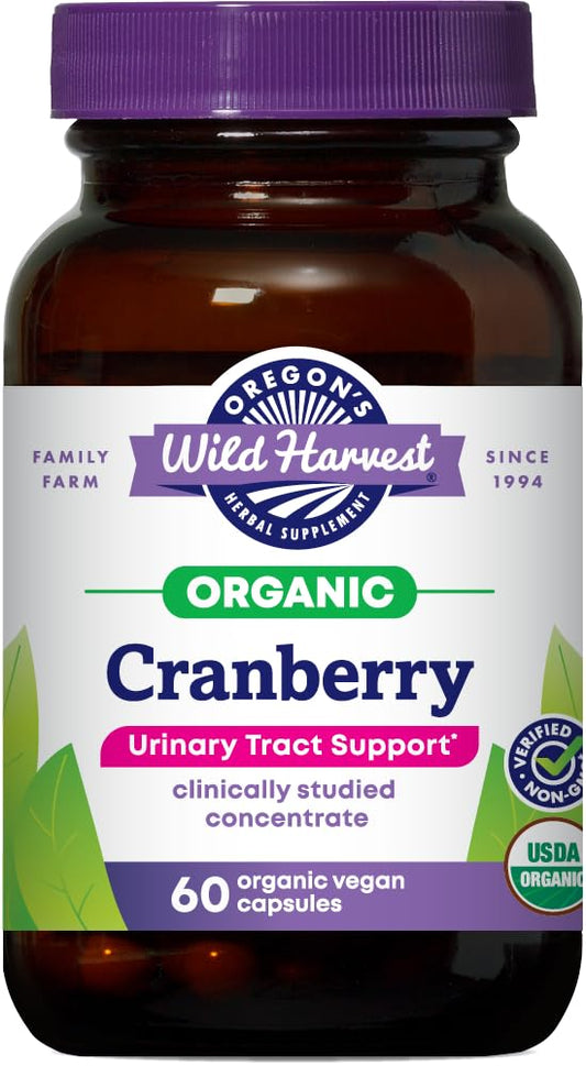 Oregon's Wild Harvest PACran cranberry bottle with vegan capsules for daily urinary wellness potential.