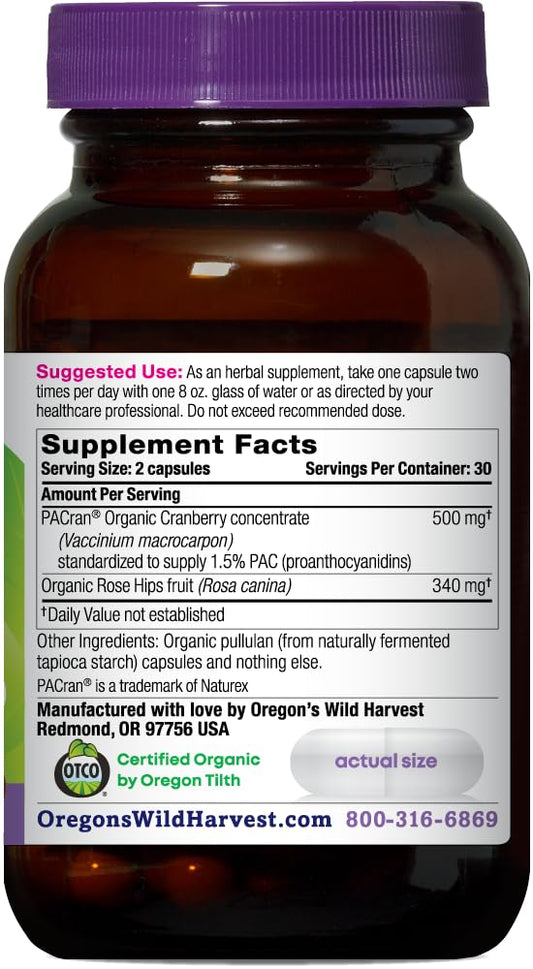 Oregon's Wild Harvest PACran capsules close-up highlighting organic cranberry concentrate.