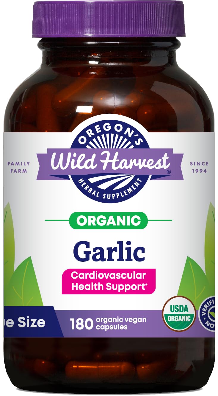 Oregon's Wild Harvest garlic capsules bottle for potent, organic vegan support