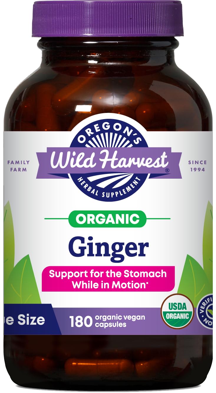Oregon's Wild Harvest Ginger bottle close-up for on-the-go stomach support.
