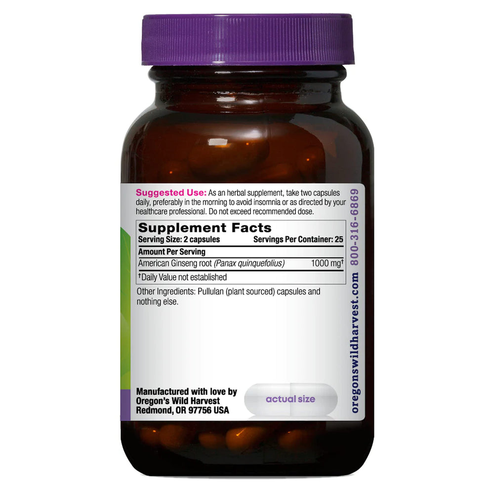 Oregon's Wild Harvest ginseng capsules closeup highlights pure ingredients and traditional adaptogenic benefits.