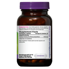 Oregon's Wild Harvest ginseng capsules closeup highlights pure ingredients and traditional adaptogenic benefits.