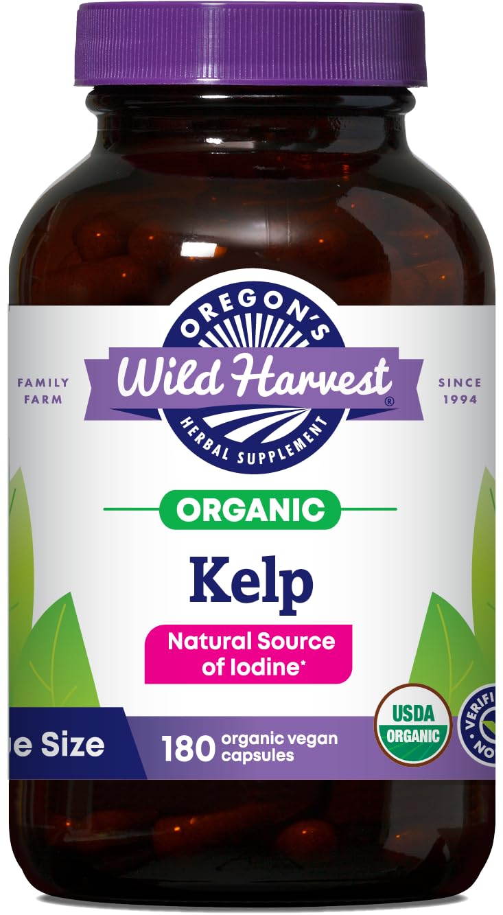 Oregon's Wild Harvest Kelp bottle front highlighting organic, iodine-rich supplement for daily use