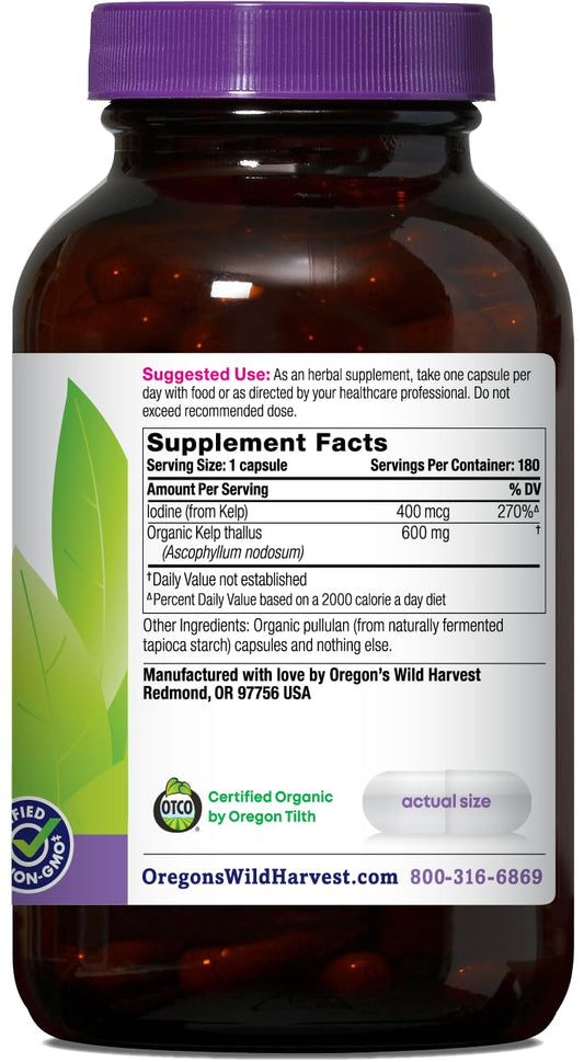 Oregon's Wild Harvest Kelp capsules closeup highlighting easy-to-swallow vegan capsules