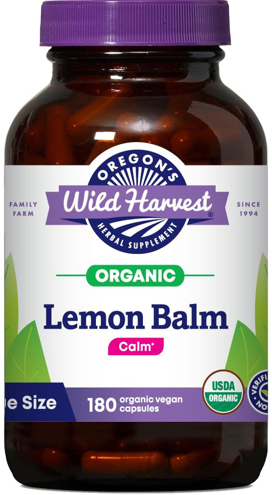 Oregon's Wild Harvest Lemon Balm bottle front, organic supplement for daily calm.