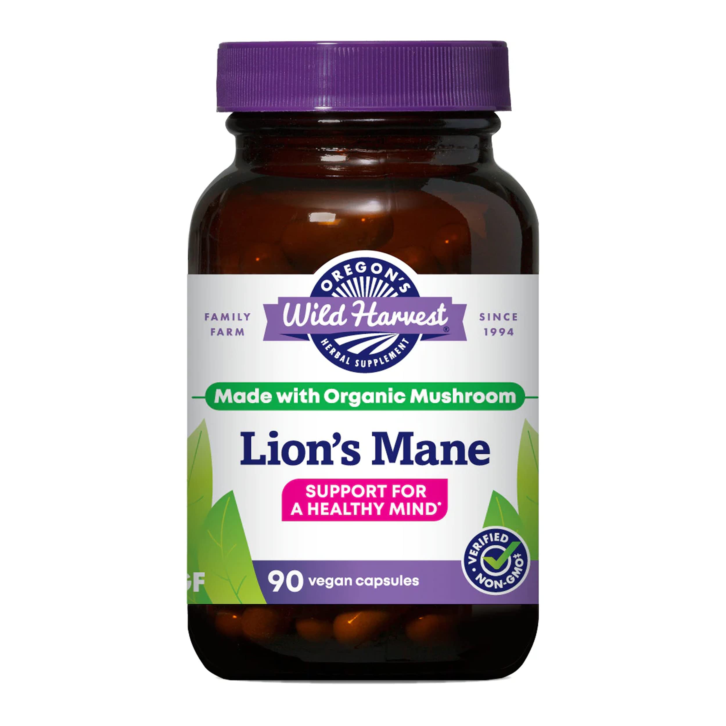 Oregon's Wild Harvest Lions Mane organic capsules bottle highlighting brain support.