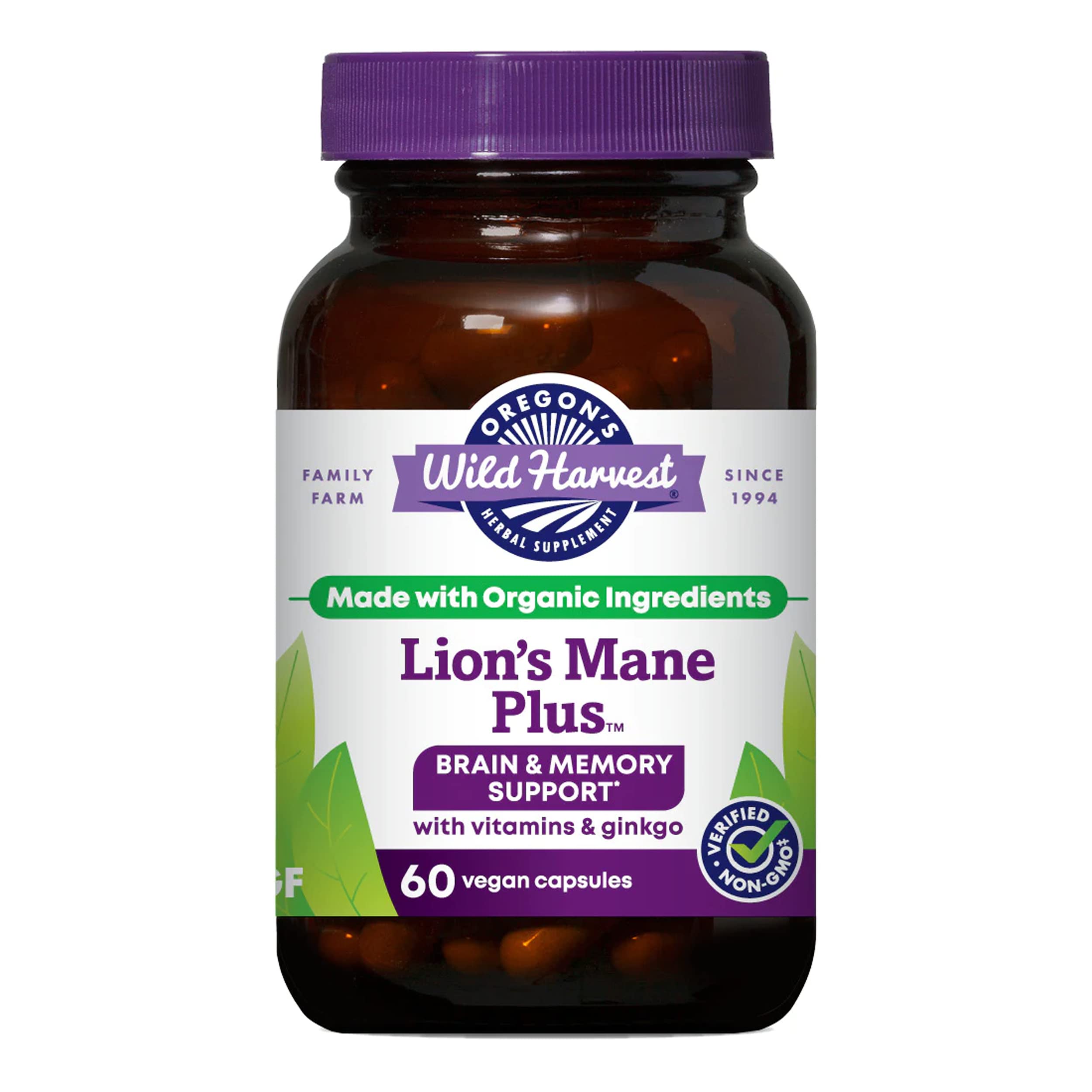 Oregon's Wild Harvest Lions Mane Plus bottle closeup highlighting the brain-focused supplement