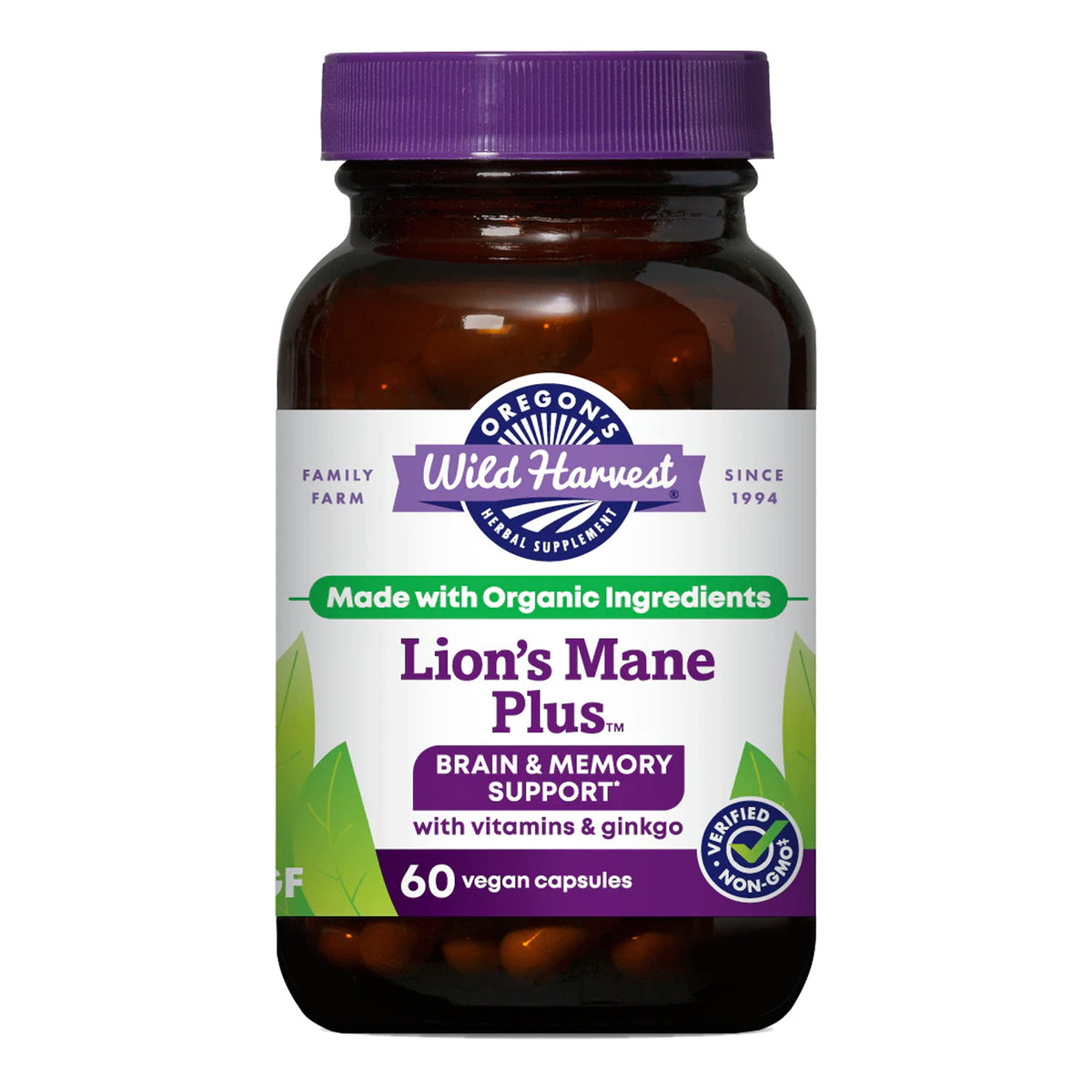 Oregon's Wild Harvest Lions Mane Plus bottle closeup highlighting the brain-focused supplement