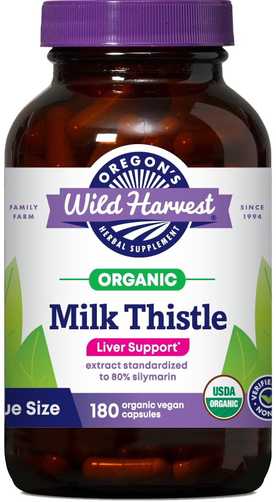 Oregon's Wild Harvest Milk Thistle bottle pour showing easy daily capsules