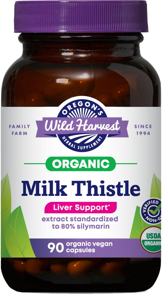 Oregon's Wild Harvest Milk Thistle capsules bottle on a clean surface, supports daily wellness