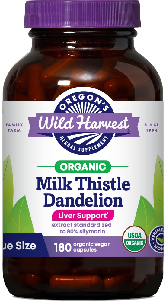 Oregon's Wild Harvest bottle of milk thistle dandelion capsules with antioxidant support.
