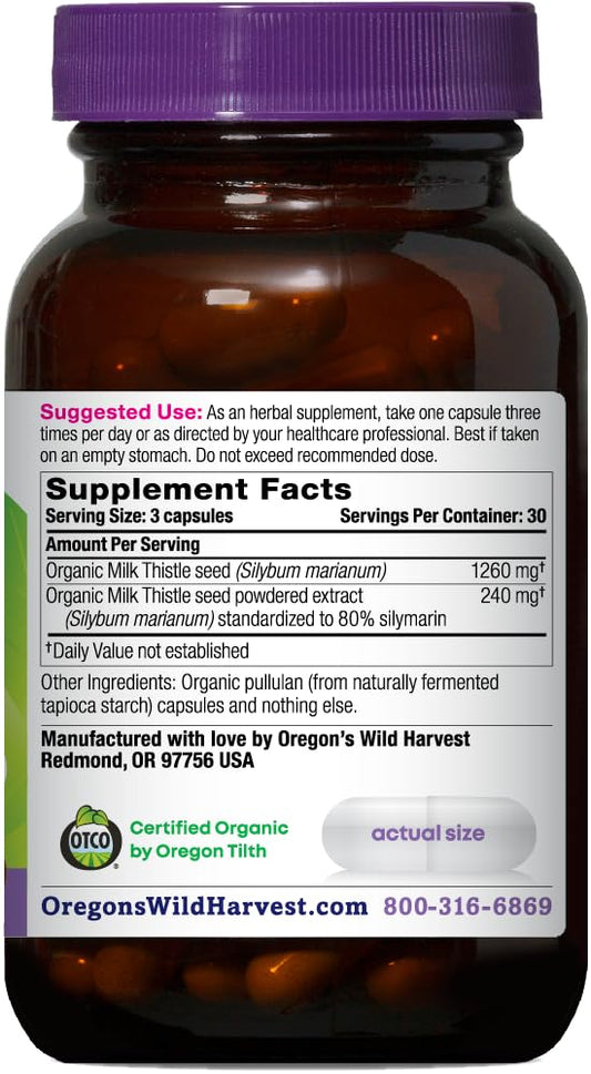 Label close-up highlights certified organic milk thistle seed and 80% silymarin potency