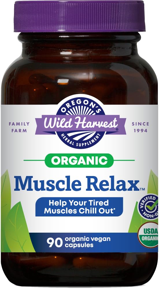 Oregon's Wild Harvest Muscle Relax bottle closeup with vegan capsules for calm relief