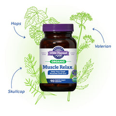 Oregon's Wild Harvest Muscle Relax capsules beside herbal imagery—calm-focused routine