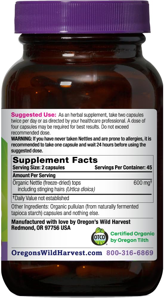 Oregon's Wild Harvest nettle capsules label closeup with organic details