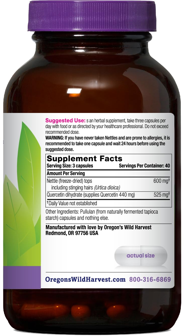 Oregon's Wild Harvest Nettle Quercetin capsules label shows Non-GMO verification.