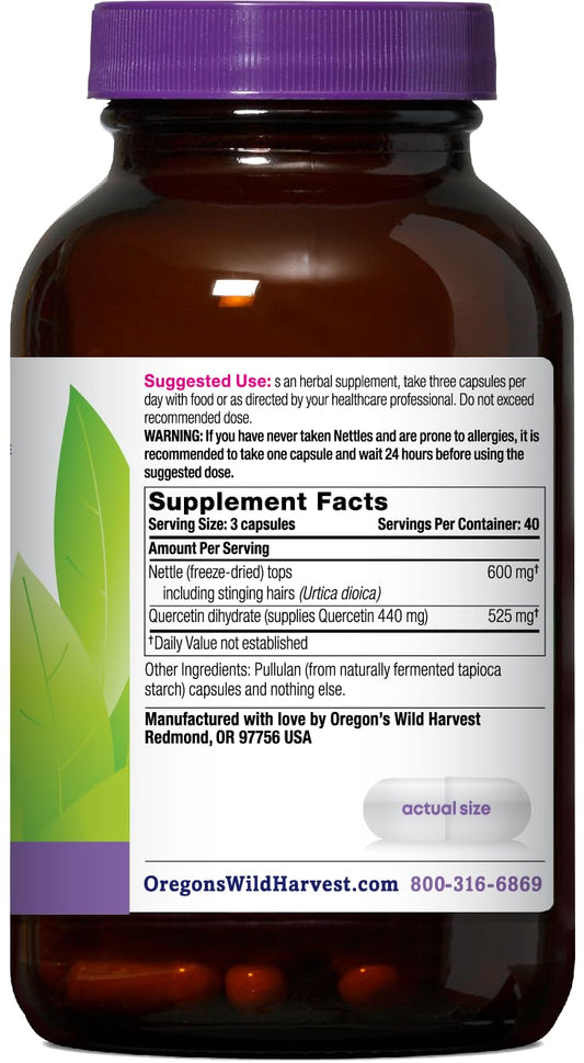 Oregon's Wild Harvest Nettle Quercetin capsules label shows Non-GMO verification.