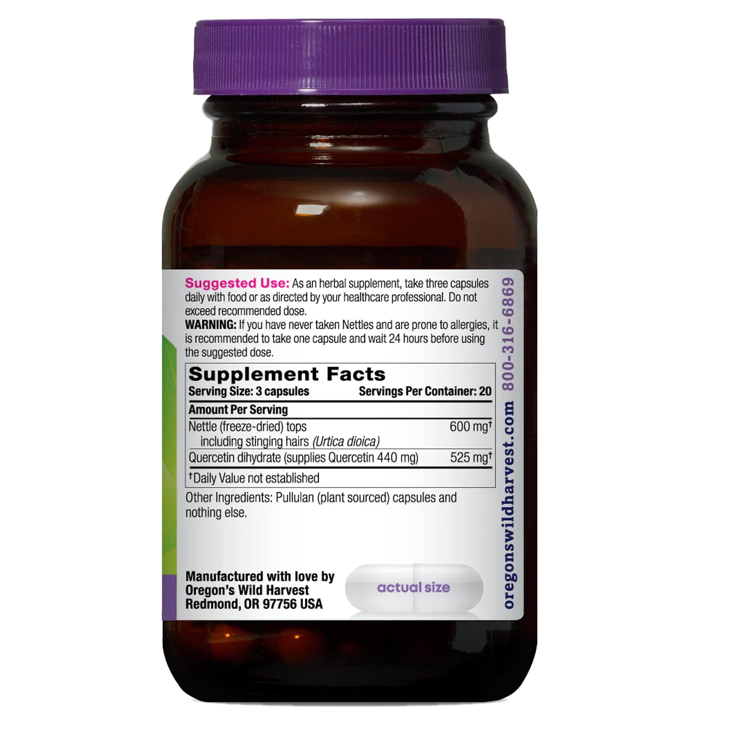 Capsules close-up highlights vegan formula and freeze-dried nettle quality.