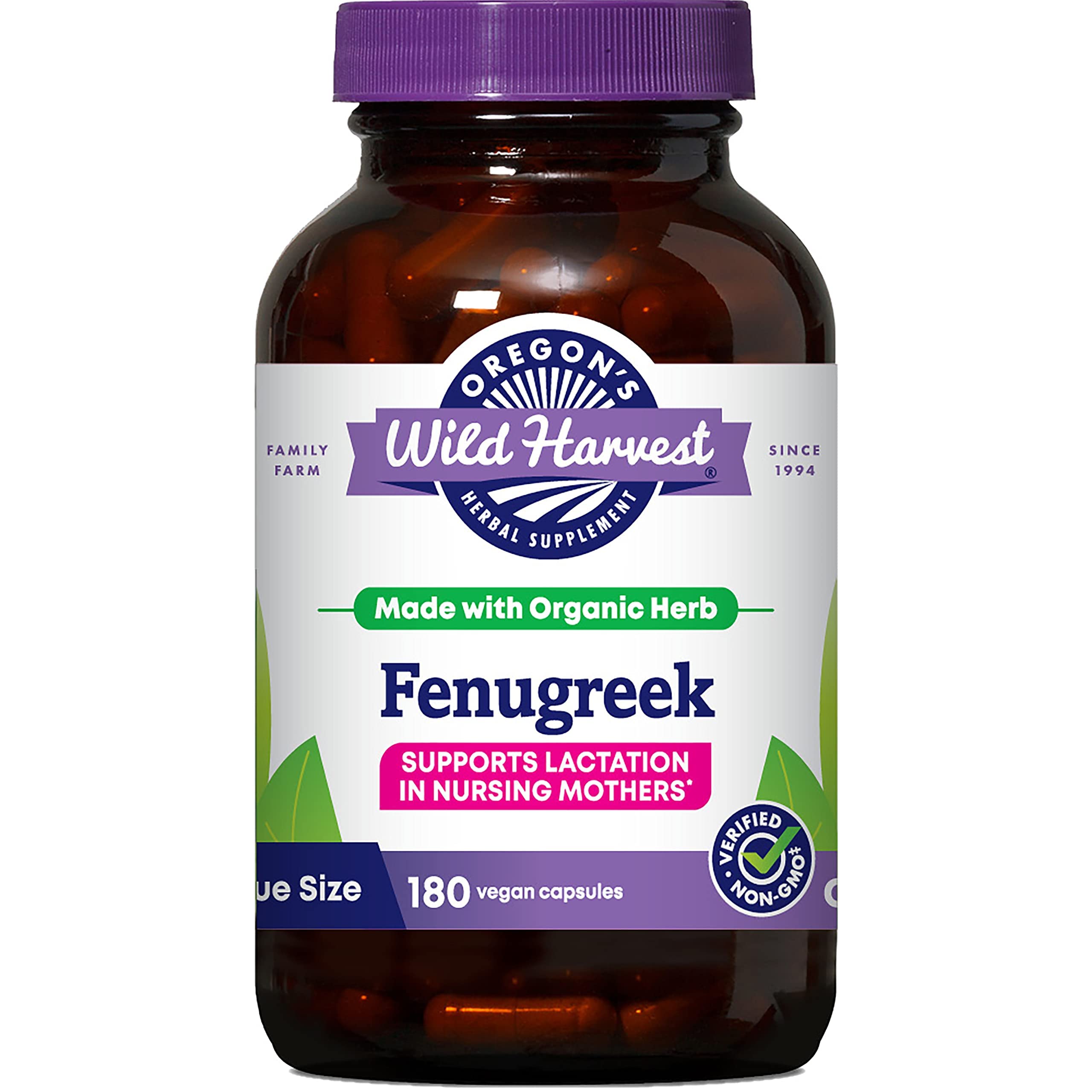 Oregon's Wild Harvest fenugreek capsules bottle highlighting lactation support and ease of use