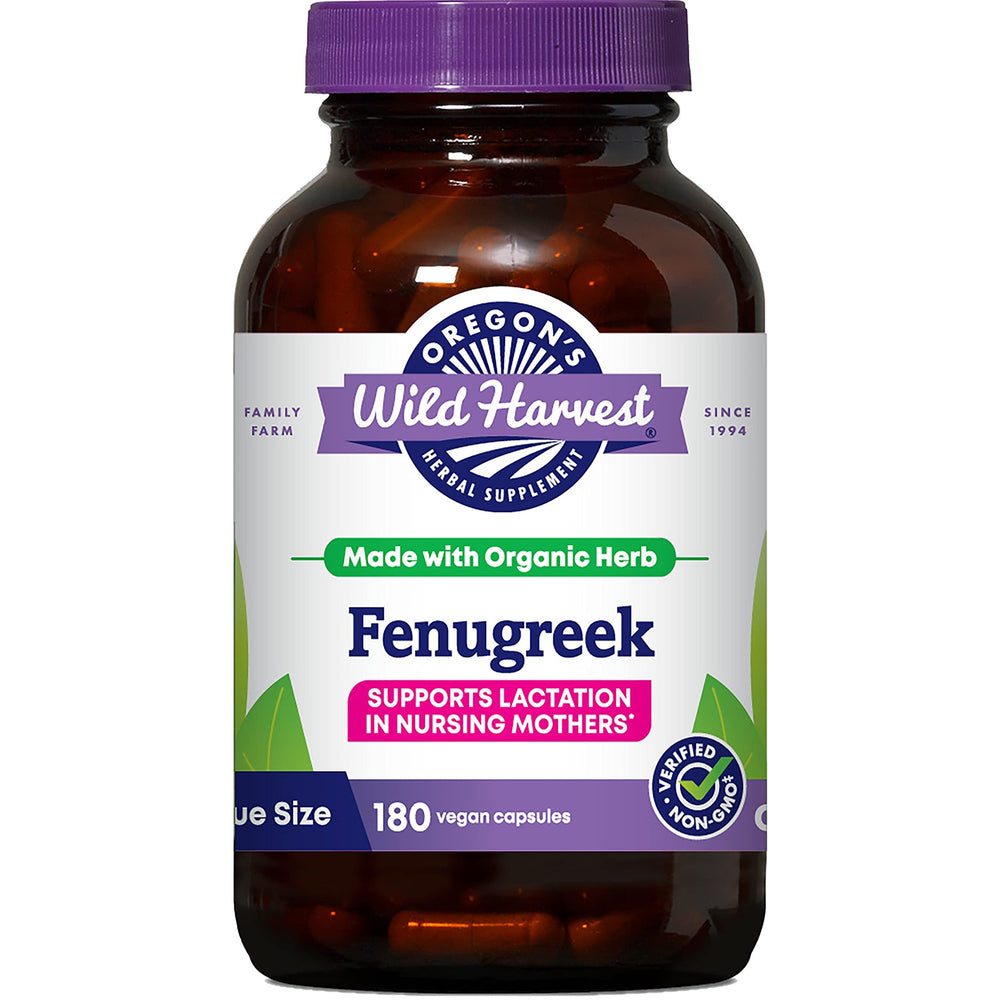 Oregon's Wild Harvest fenugreek capsules bottle highlighting lactation support and ease of use