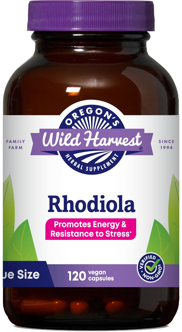 Oregon's Wild Harvest Rhodiola bottle front view for energy support.