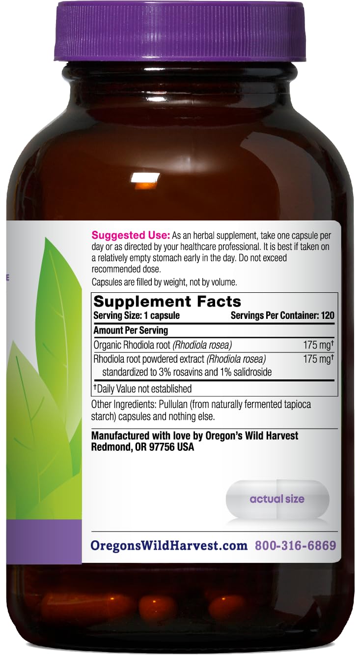Oregon's Wild Harvest Rhodiola bottle side view highlighting stress resilience.